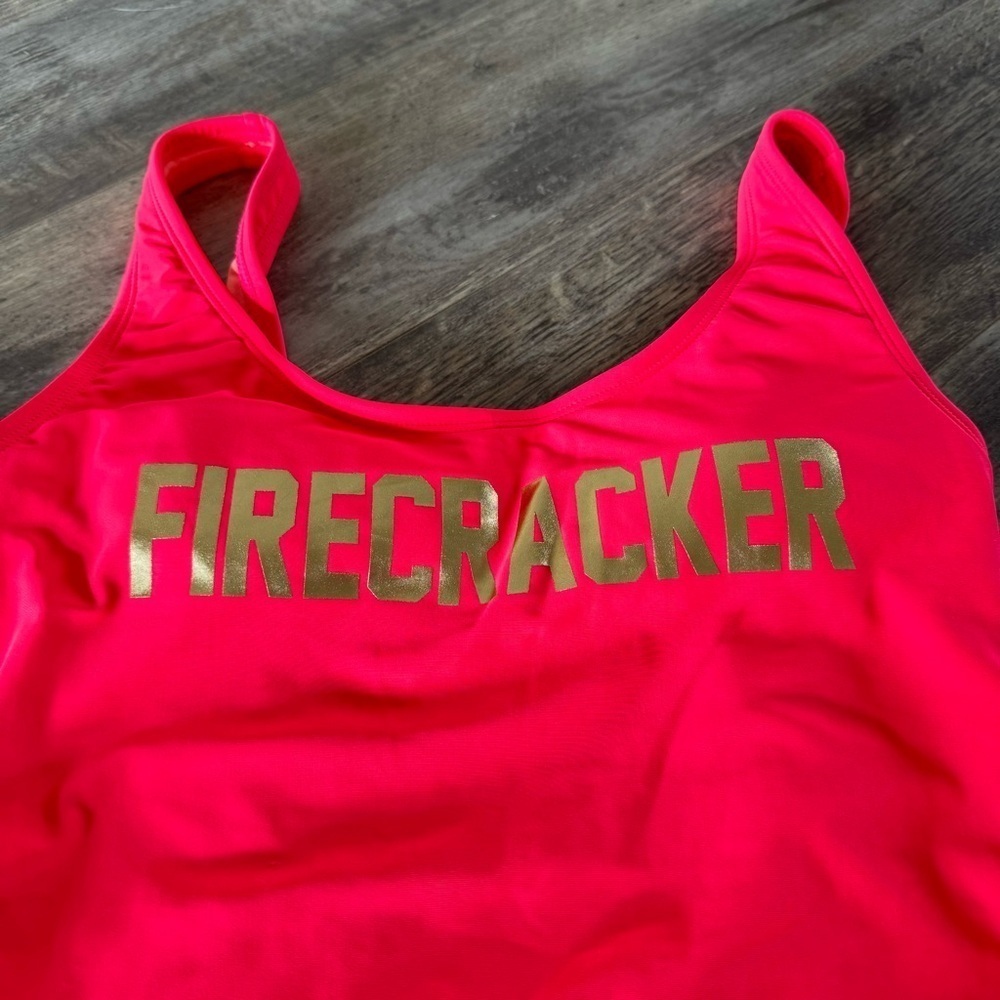 “Firecracker” Gold Graphic Writing High-Thigh One-Piece Swimsuit - Neon Pink - Picture 6 of 8